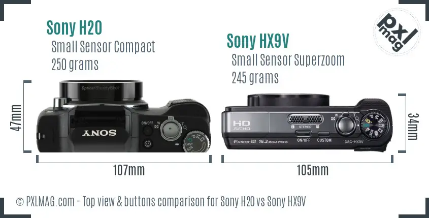 Sony H20 vs Sony HX9V top view buttons comparison