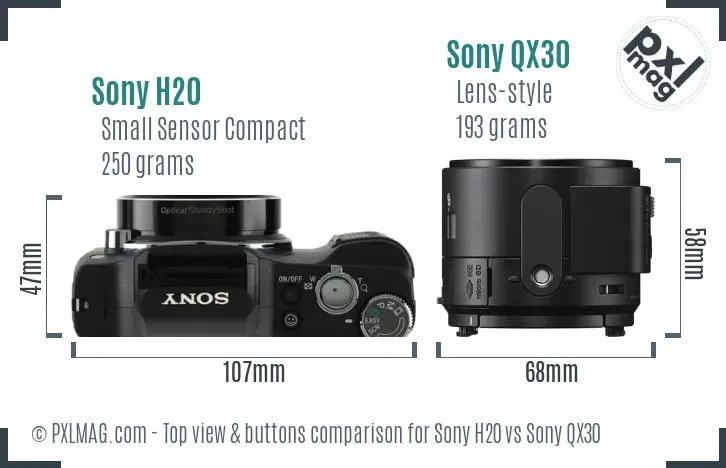 Sony H20 vs Sony QX30 top view buttons comparison