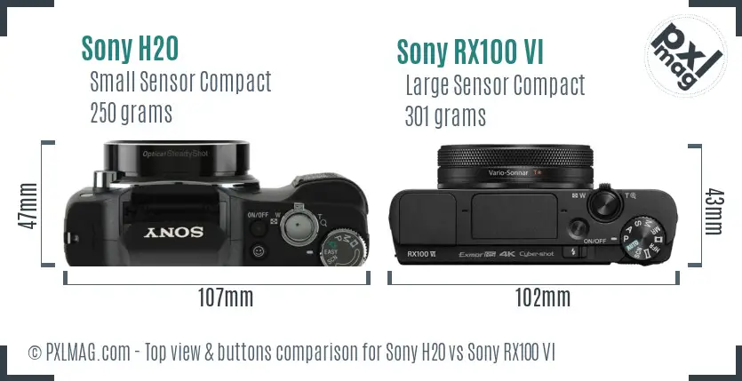Sony H20 vs Sony RX100 VI top view buttons comparison