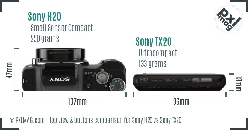 Sony H20 vs Sony TX20 top view buttons comparison