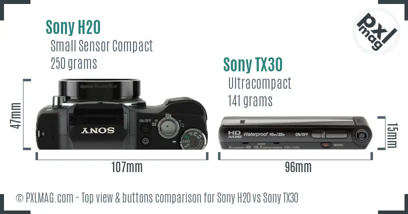 Sony H20 vs Sony TX30 top view buttons comparison