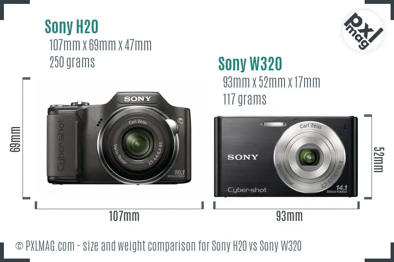 Sony H20 vs Sony W320 size comparison