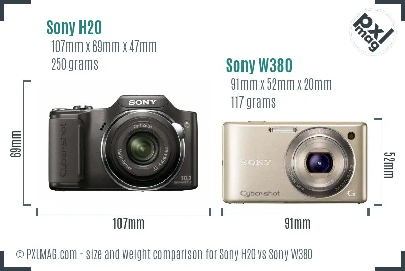 Sony H20 vs Sony W380 size comparison