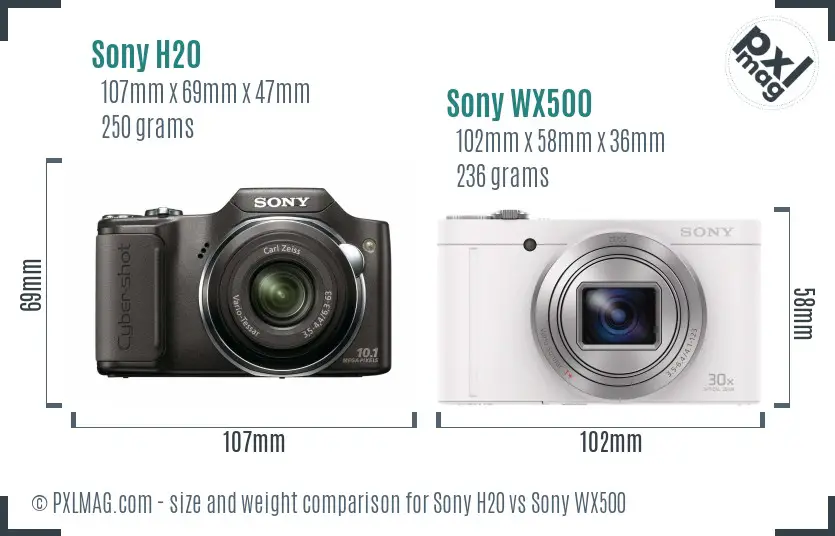 Sony H20 vs Sony WX500 size comparison