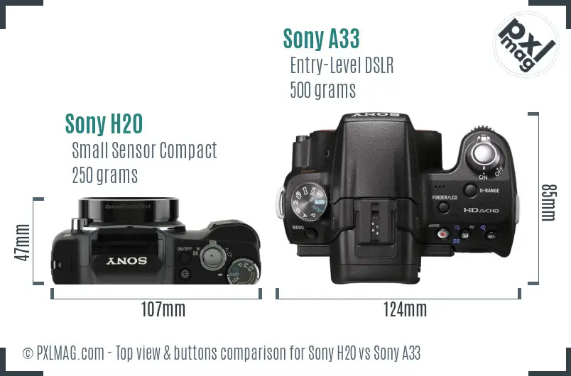 Sony H20 vs Sony A33 top view buttons comparison