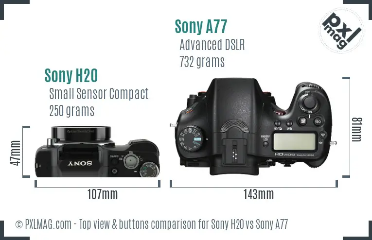 Sony H20 vs Sony A77 top view buttons comparison