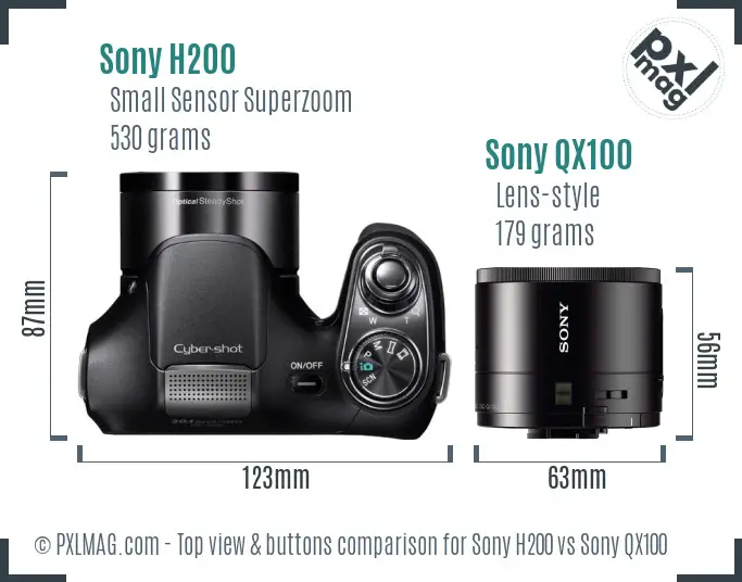 Sony H200 vs Sony QX100 top view buttons comparison
