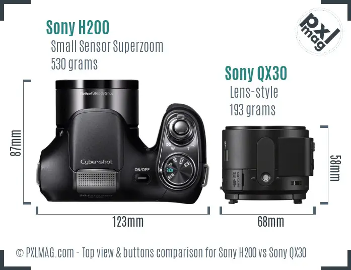 Sony H200 vs Sony QX30 top view buttons comparison