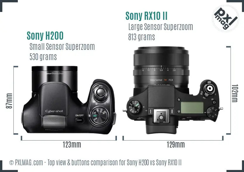 Sony H200 vs Sony RX10 II top view buttons comparison