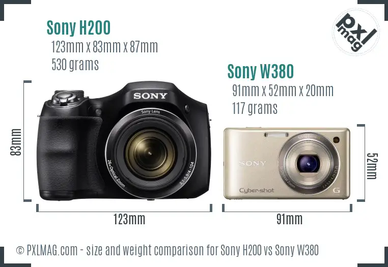 Sony H200 vs Sony W380 size comparison