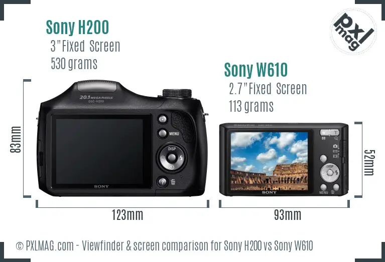 Sony H200 vs Sony W610 Screen and Viewfinder comparison