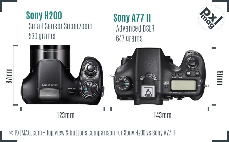 Sony H200 vs Sony A77 II top view buttons comparison