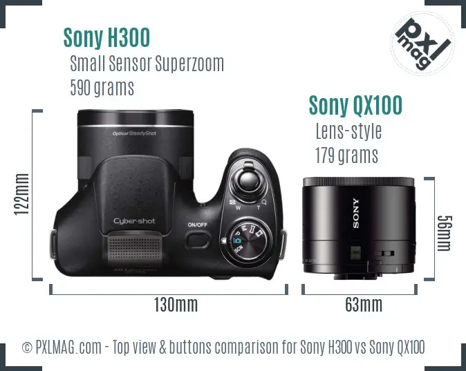 Sony H300 vs Sony QX100 top view buttons comparison