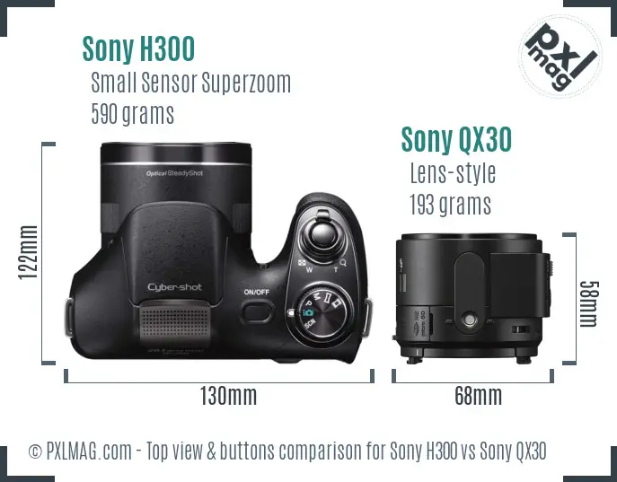 Sony H300 vs Sony QX30 top view buttons comparison