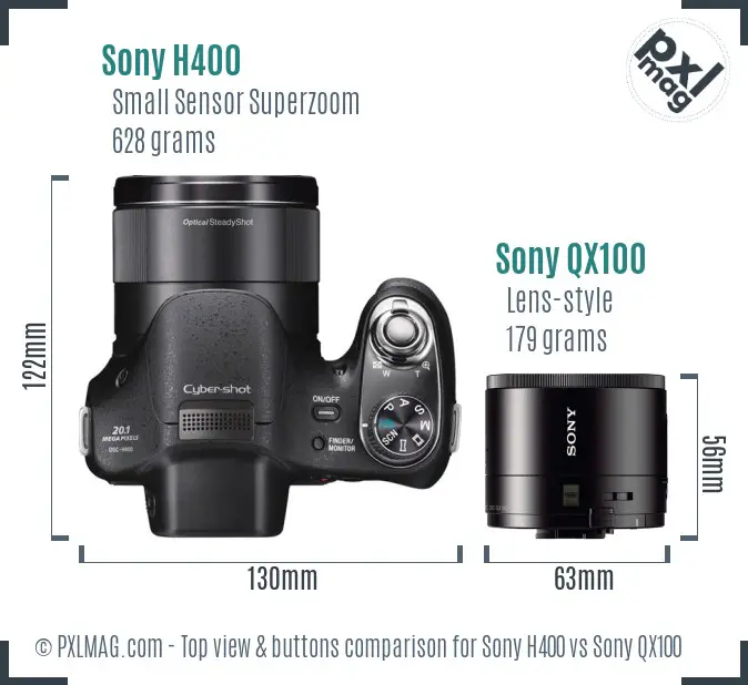 Sony H400 vs Sony QX100 top view buttons comparison