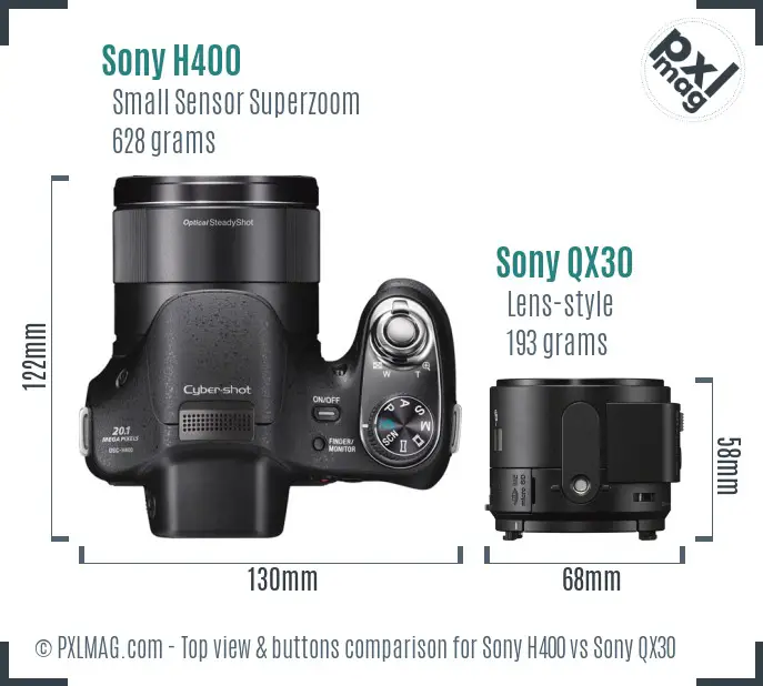 Sony H400 vs Sony QX30 top view buttons comparison
