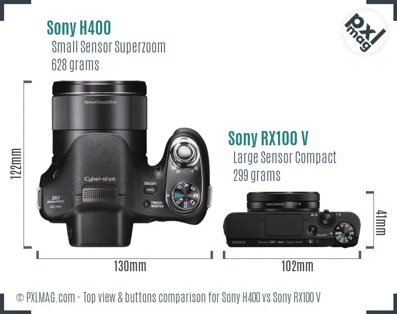 Sony H400 vs Sony RX100 V top view buttons comparison