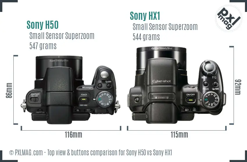 Sony H50 vs Sony HX1 top view buttons comparison