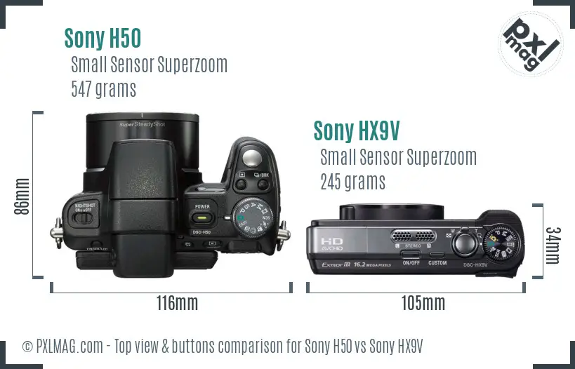 Sony H50 vs Sony HX9V top view buttons comparison