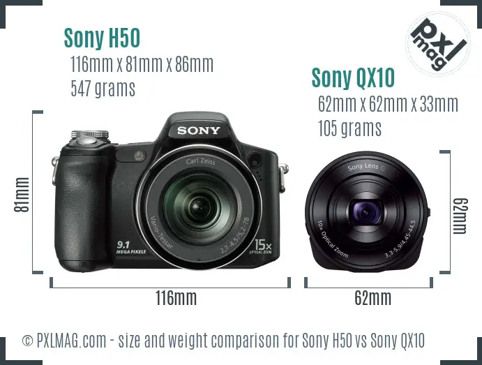 Sony H50 vs Sony QX10 size comparison