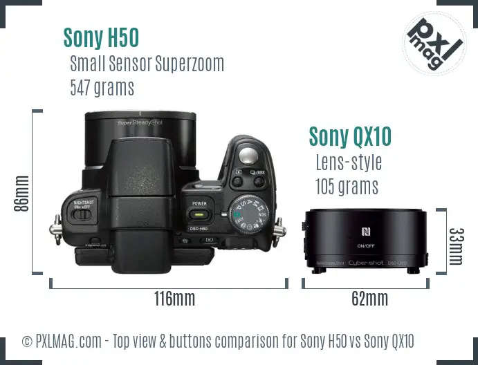 Sony H50 vs Sony QX10 top view buttons comparison