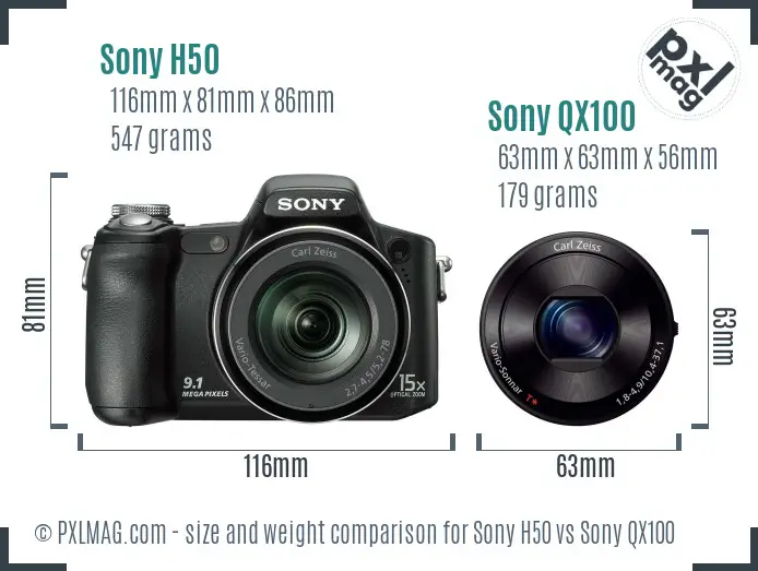 Sony H50 vs Sony QX100 size comparison
