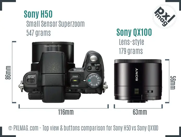 Sony H50 vs Sony QX100 top view buttons comparison