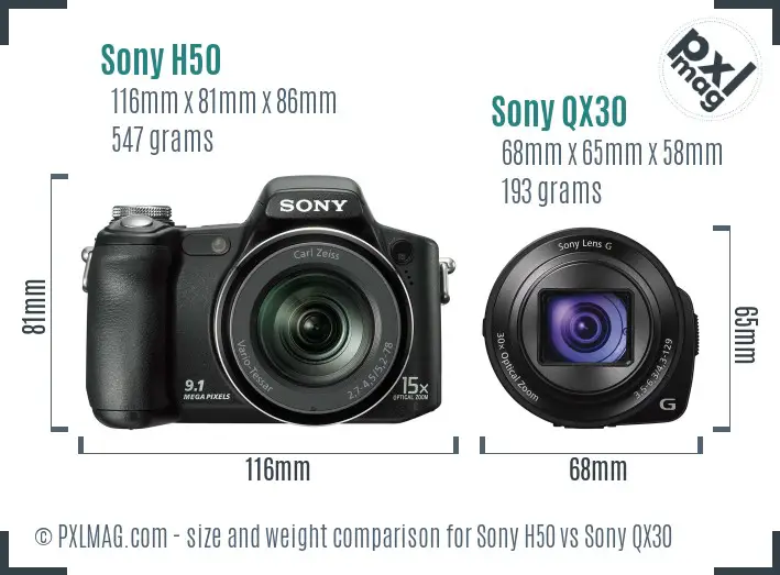 Sony H50 vs Sony QX30 size comparison
