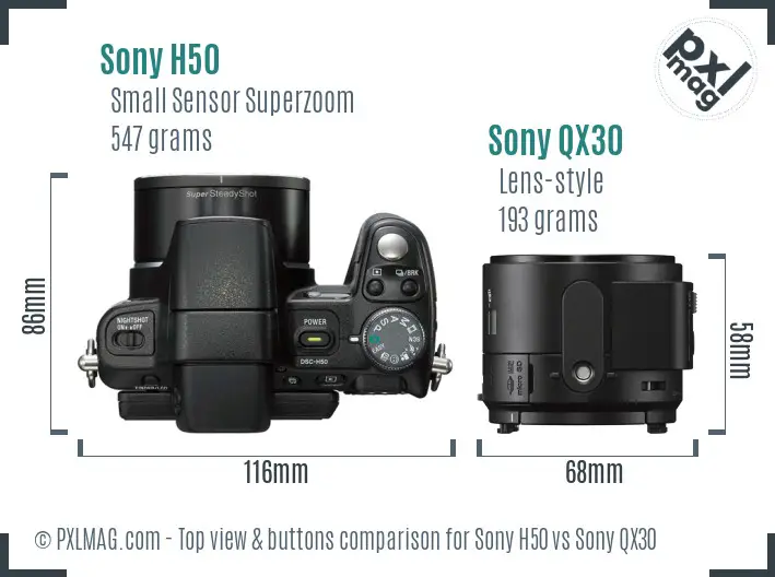Sony H50 vs Sony QX30 top view buttons comparison