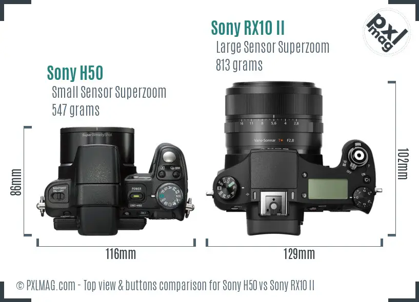 Sony H50 vs Sony RX10 II top view buttons comparison