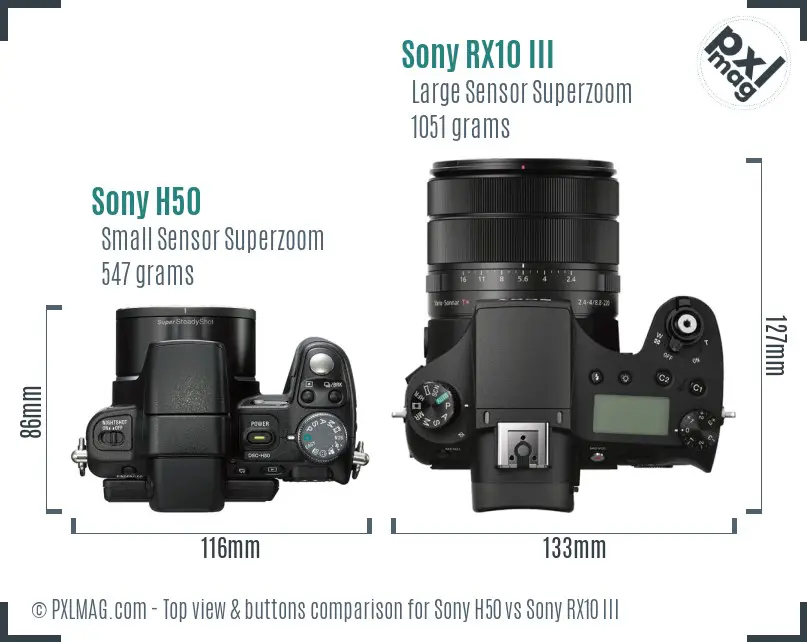 Sony H50 vs Sony RX10 III top view buttons comparison