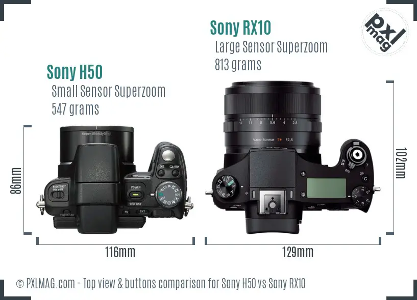 Sony H50 vs Sony RX10 top view buttons comparison