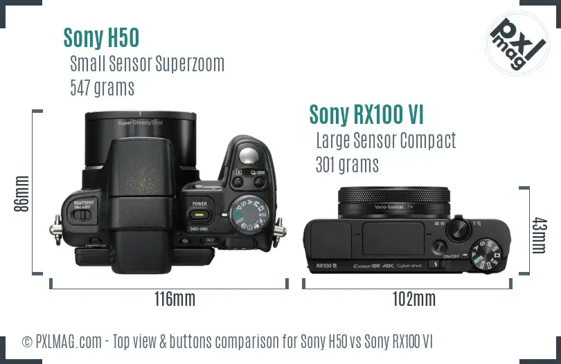 Sony H50 vs Sony RX100 VI top view buttons comparison