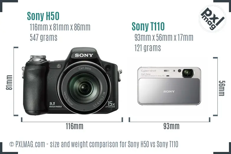 Sony H50 vs Sony T110 size comparison