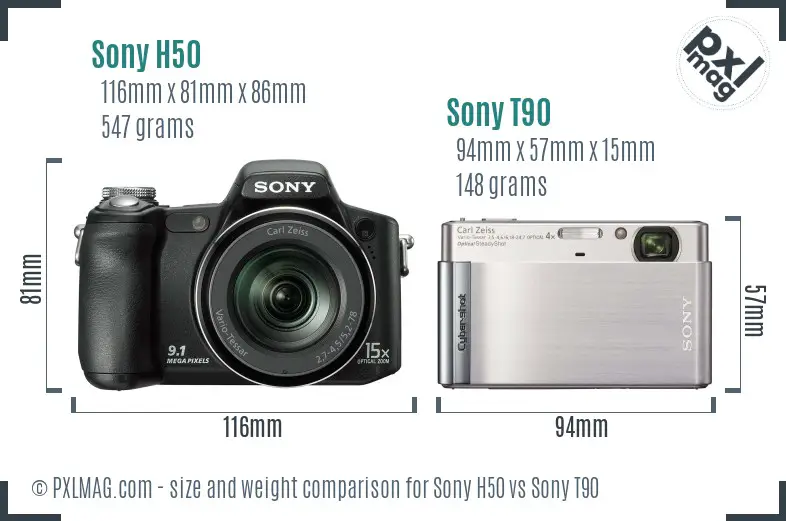 Sony H50 vs Sony T90 size comparison