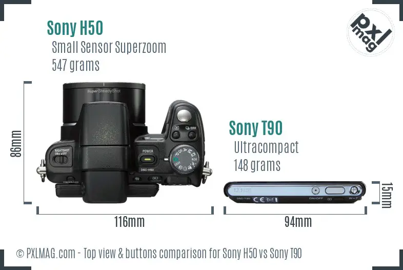 Sony H50 vs Sony T90 top view buttons comparison