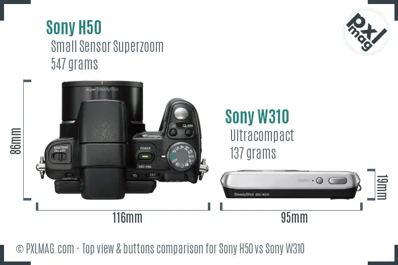 Sony H50 vs Sony W310 top view buttons comparison
