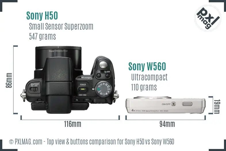 Sony H50 vs Sony W560 top view buttons comparison