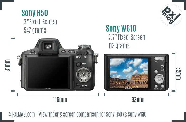 Sony H50 vs Sony W610 Screen and Viewfinder comparison