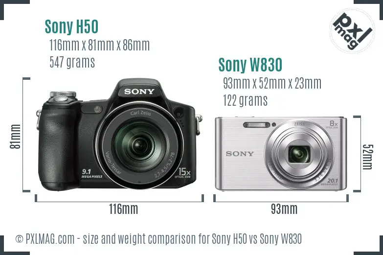 Sony H50 vs Sony W830 size comparison