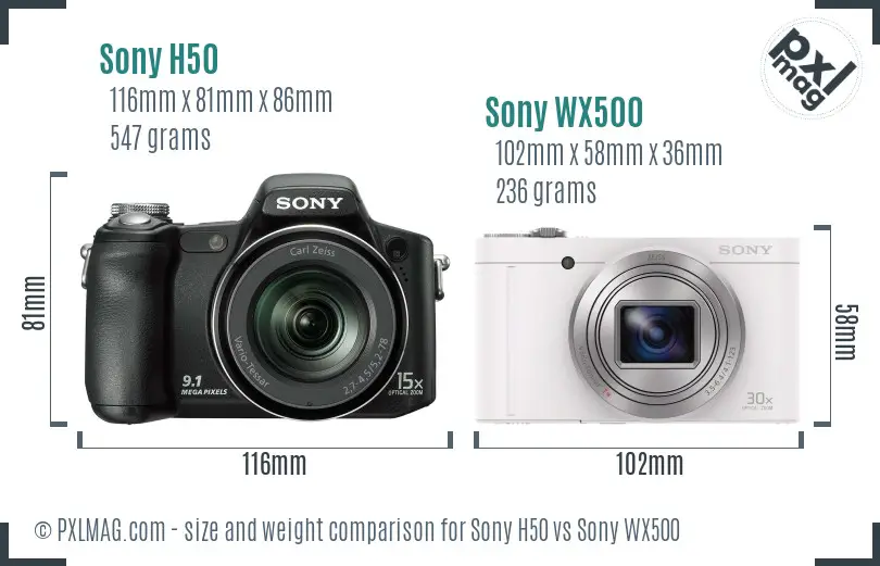 Sony H50 vs Sony WX500 size comparison