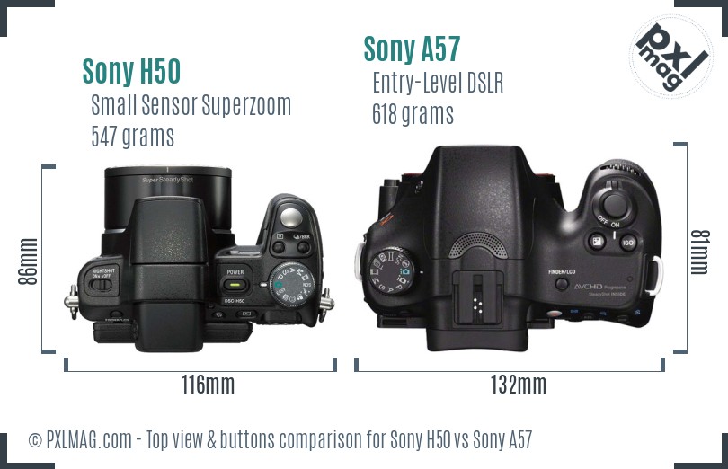 Sony H50 vs Sony A57 top view buttons comparison