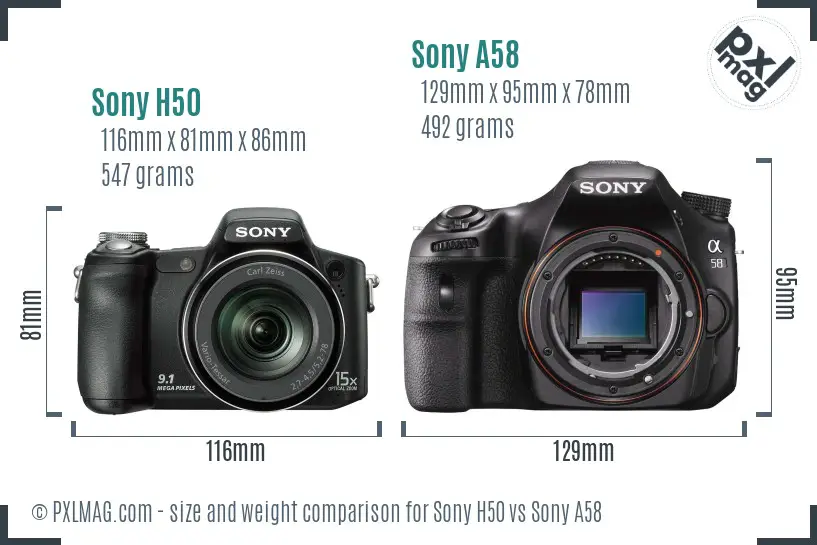Sony H50 vs Sony A58 size comparison