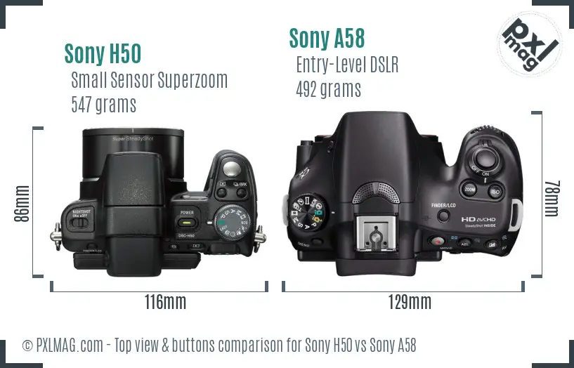 Sony H50 vs Sony A58 top view buttons comparison