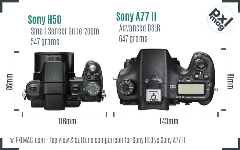 Sony H50 vs Sony A77 II top view buttons comparison