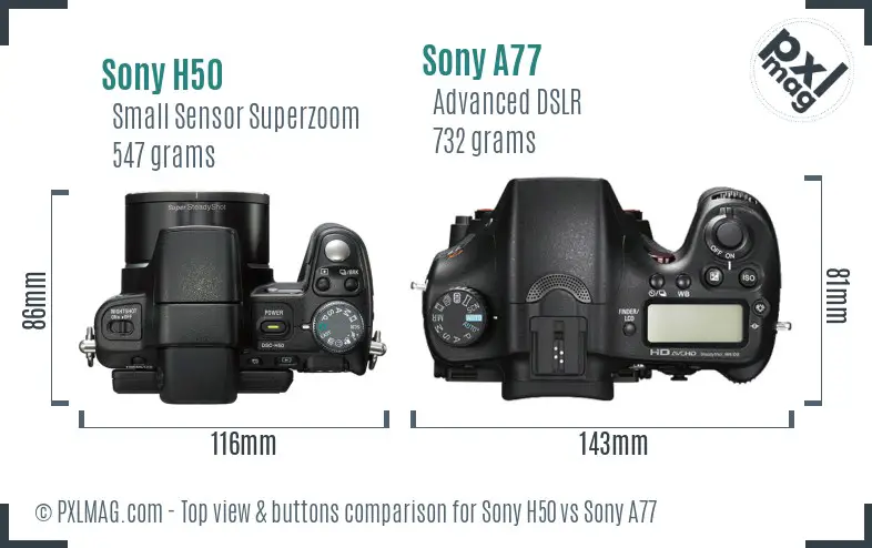 Sony H50 vs Sony A77 top view buttons comparison
