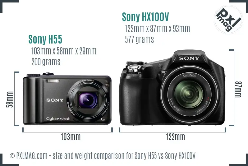Sony H55 vs Sony HX100V size comparison