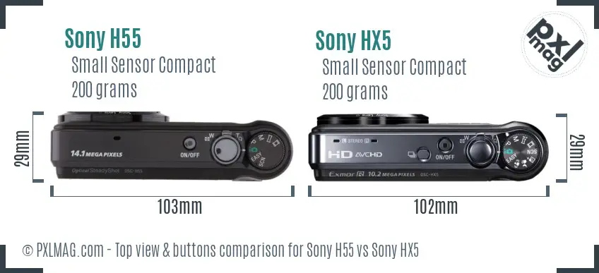 Sony H55 vs Sony HX5 top view buttons comparison