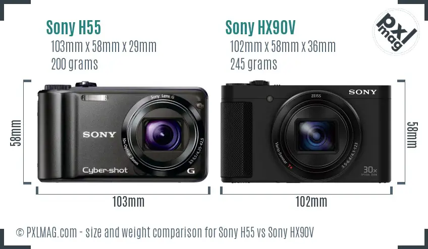 Sony H55 vs Sony HX90V size comparison