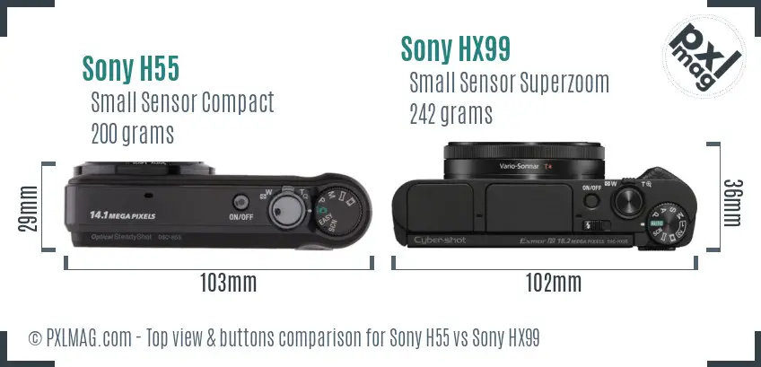 Sony H55 vs Sony HX99 top view buttons comparison